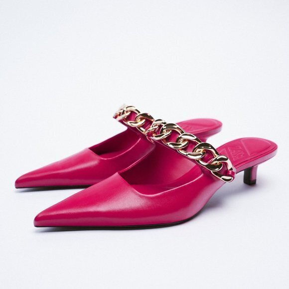 NEW ZARA MULES W/‎ METAL CHAIN DETAIL DARK PINK HEELED WOMENS SIZE 6.5 - Picture 1 of 6